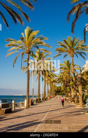 The Paseo Maritimo De Marbella promenade on Playa de la Fontanilla beach, Marbella, Costa Del Sol, Spain. Stock Photo