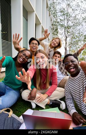 Amusing portrait of group diverse young friends excited waving at camera with hands sitting on grass Stock Photo