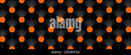 Vinyl discs seamless pattern. Repeating gramophone LP or long play music records icons isolated on white background. 70s 80s 2000s discotheque or techno party background. Vector flat illustration. Stock Vector