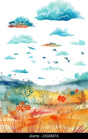 Colored landscape with birds and clouds. hand drawing. Not AI, Vector illustration Stock Vector