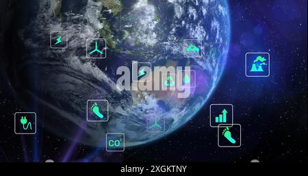 Image of digital eco icons processing over globe Stock Photo
