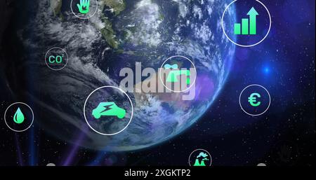 Image of digital eco icons processing over globe Stock Photo