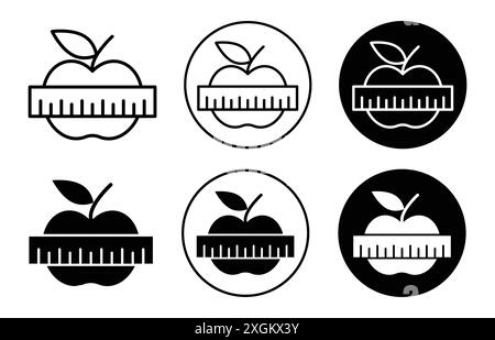 Apple and measuring tape icon logo sign vector outline in black and white color Stock Vector