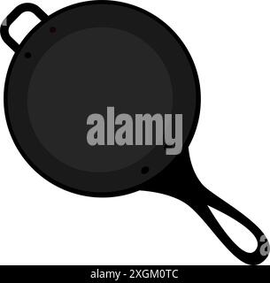 Circle cast iron fry pan with handle in cartoon style. Top view. Isolated Promo design element idea EPS Vector. Logo Sticker Icon Cards, posters, banner, brochure, billboard, price, label or web idea Stock Vector