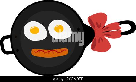 Scrambled eggs and sausage in the shape of a smiling emoticon in frying pan with handle and red bow. Top view. Isolated Vector Culinary food poster or card menu, banner, brochure, price tag concept Stock Vector