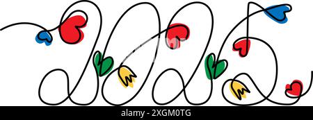 2025 hand lettering concept one continuous line with decorative hearts, flowers and colorful shapes. Isolated EPS Vector. Cards, poster, banner, brochure, price tag, label or web, promo design concept Stock Vector
