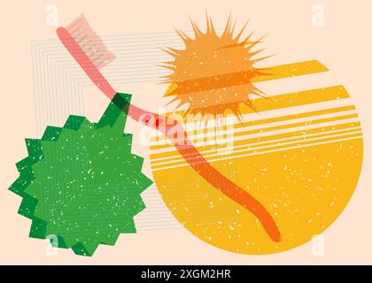 Risograph Toothbrush with speech bubble with geometric shapes. Objects in trendy riso graph print texture style design with geometry elements. Stock Vector