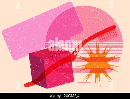 Risograph Toothbrush with speech bubble with geometric shapes. Objects in trendy riso graph print texture style design with geometry elements. Stock Vector