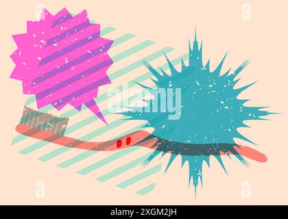 Risograph Toothbrush with speech bubble with geometric shapes. Objects in trendy riso graph print texture style design with geometry elements. Stock Vector