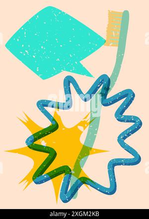 Risograph Toothbrush with speech bubble with geometric shapes. Objects in trendy riso graph print texture style design with geometry elements. Stock Vector