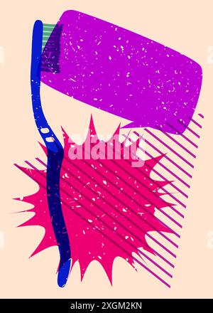 Risograph Toothbrush with speech bubble with geometric shapes. Objects in trendy riso graph print texture style design with geometry elements. Stock Vector
