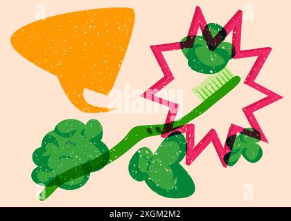 Risograph Toothbrush with speech bubble with geometric shapes. Objects in trendy riso graph print texture style design with geometry elements. Stock Vector