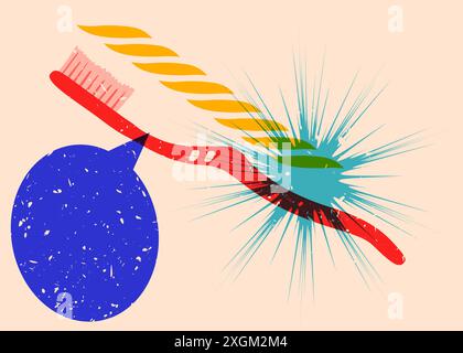 Risograph Toothbrush with speech bubble with geometric shapes. Objects in trendy riso graph print texture style design with geometry elements. Stock Vector