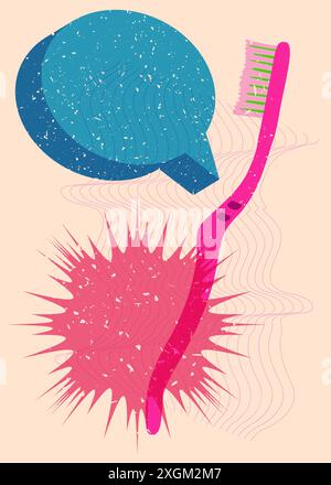 Risograph Toothbrush with speech bubble with geometric shapes. Objects in trendy riso graph print texture style design with geometry elements. Stock Vector