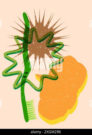 Risograph Toothbrush with speech bubble with geometric shapes. Objects in trendy riso graph print texture style design with geometry elements. Stock Vector