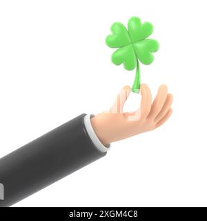 Cartoon Gesture Icon Mockup.3d icon hand holding clover leaf. Business arm with green shamrock, luck and success symbol, 3D rendering on white backgro Stock Photo