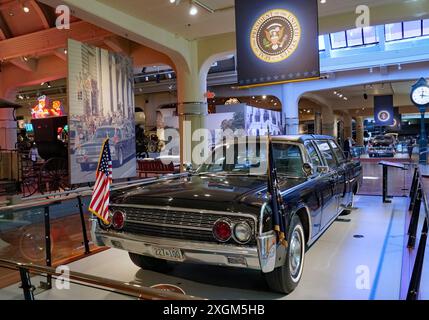 Collection of presidential limousines at the Henry Ford Museum in Detroit, showing the car in which President Kennedy was assassinated Stock Photo