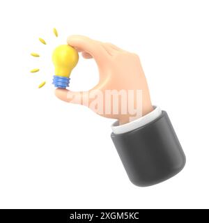 Cartoon Gesture Icon Mockup.3d icon hand holding light bulb gesture. cartoon great idea concept, 3D rendering on white background. Stock Photo