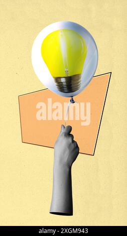 A human hand shows a balloon of bright light bulbs as a symbol of new ideas on a colored background. Collage art Stock Photo