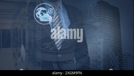 Image of icons and connections over caucasian businessman using touchscreen. global network, business and technology concept digitally generated image Stock Photo