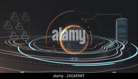 Image of rotating circles over data processing in green and black space. Global communication image game and digital interface background concept digi Stock Photo