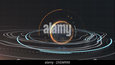 Image of rotating circles over data processing in green and black space. Global communication image game and digital interface background concept digi Stock Photo
