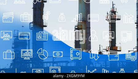 Image of falling icons over refinery. Global business, finances, data processing and digital interface concept digitally generated image. Stock Photo