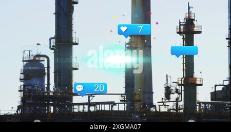 Image of falling icons over refinery. Global business, finances, data processing and digital interface concept digitally generated image. Stock Photo