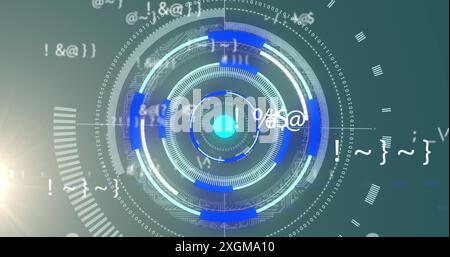 Image of processing circles and math formulas on grey background. Data processing, communication and technology concept digitally generated image. Stock Photo