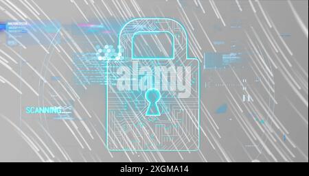 Image of data processing over security padlock icon against light trails on grey background. Cyber security and business technology concept Stock Photo