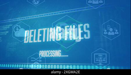 Image of files deleting processing, icons, security symbol against blue background. Digital composite, communication, technology, cloud computing, dat Stock Photo