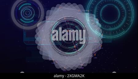 Image of digital circles and dots interconnecting with lines on abstract background. Hologram, digitally generated, data, scanning, telecommunications Stock Photo