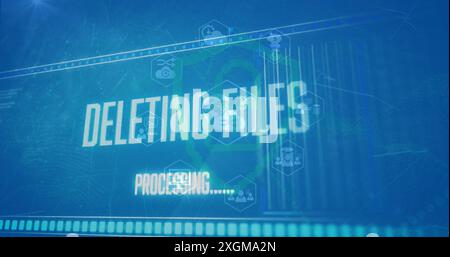 Image of files deleting processing, icons, security symbol against blue background. Digital composite, communication, technology, cloud computing, dat Stock Photo