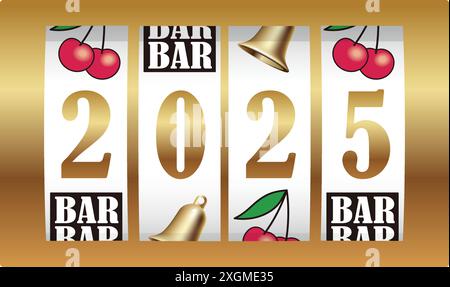 The Year 2025 Calendar Sign Shown On Slot Machine Reels Celebrating The New Year. Vector Illustration Isolated On A White Background. Stock Vector