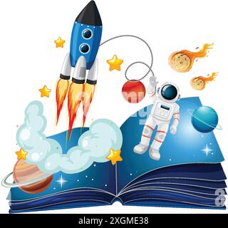 Astronaut and rocket emerging from book Stock Vector