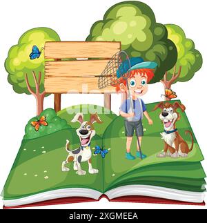 A boy and dogs in an open book Stock Vector
