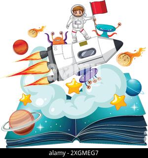 Astronaut exploring space from an open book Stock Vector