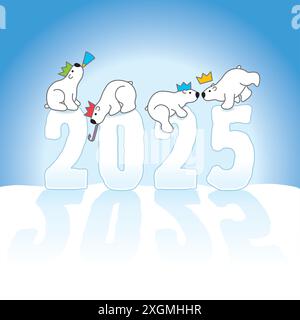 Four Cute Partying Polar Bears wearing Paper Hats Balancing on Frozen New Year 2025 Ice Sculpure on Snow foreground with Blue Background Stock Vector