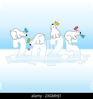 Four Cute Partying Polar Bears wearing Paper Hats while Balancing on Melting New Year 2025 Ice Sculpture with reflections in a Cold Puddle Stock Vector