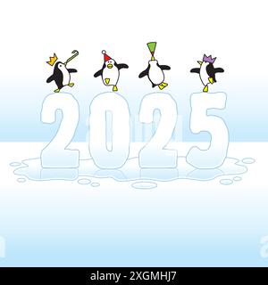 Four Happy Party Penguins wearing Paper Hats Dancing on top of melting Year 2025 Ice Sculpture with Blue Horizon Stock Vector