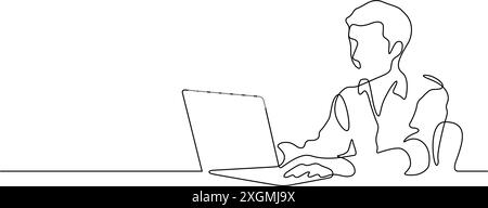 young man using laptop computer one line continuous drawing copy space illustration Stock Vector