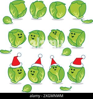 Group of Christmas Brussel Sprouts some with Happy Faces wearing Santa Hats on white background Stock Vector