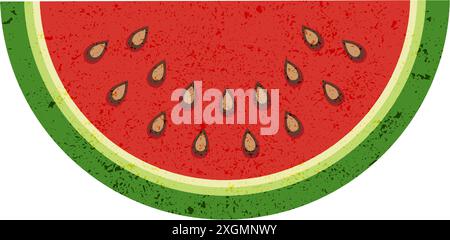 A vibrant red watermelon slice in flat style isolated on white. Greeting card celebrating watermelon day. Vintage banner with grunge texture. Stock Vector