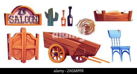 Wild west saloon elements collection. Cartoon vector set of western bar objects - wooden double doors and sign, wood horse cart and feeder with hay, tumbleweed and cactus, bottles and chair. Stock Vector