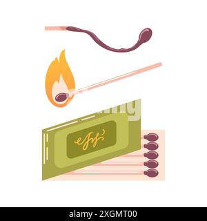 Matches. Set of vector illustrations burning match with fire, open matchbox, burnt match isolated on white. A simple symbol of combustion, burning and Stock Vector