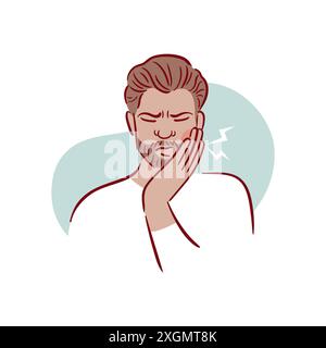 A young man with a beard has a severe toothache. A guy with bad teeth grabs his cheek. Acute pain. Pulpitis, caries. Hand drawn vector illustration in Stock Vector