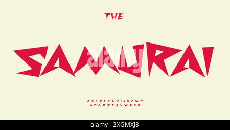 Samurai alphabet asian calligraphic letters, red bold geometric jagged font for manga and anime headlines, Japanese food restaurant logo, oriental Stock Vector