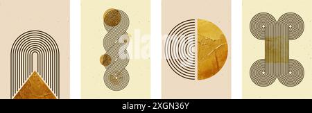 Set of abstract posters with geometric shapes and zen arch with stripe pattern. Vector background with golden texture in trendy boho aesthetic Stock Vector