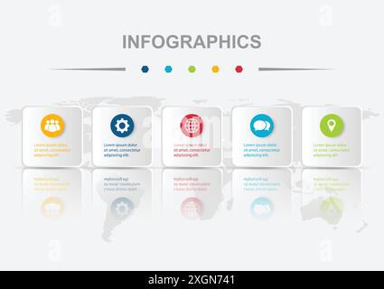 Infographic design template with 5 circle on rounded regtangles with reflect, stock vector Stock Vector