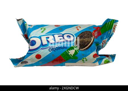Mini packet of Original Oreo biscuits from festive tin of Oreo biscuits containing assortment of Oreo biscuits isolated on white background - Oreos Stock Photo